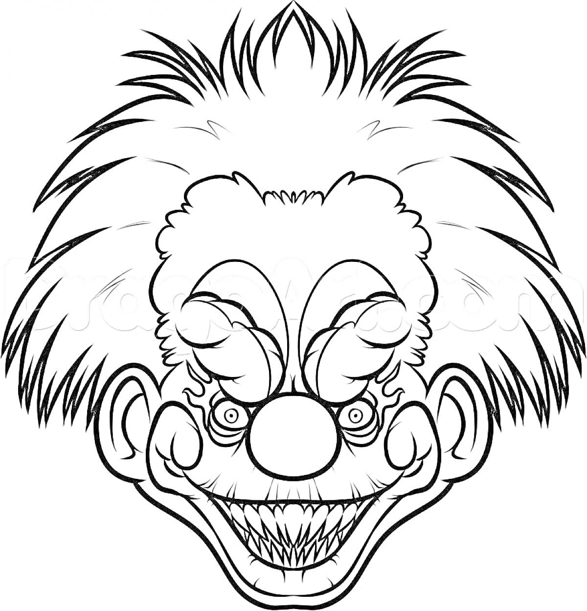 Устрашающий клоун с остроконечными зубами и растрёпанными волосами