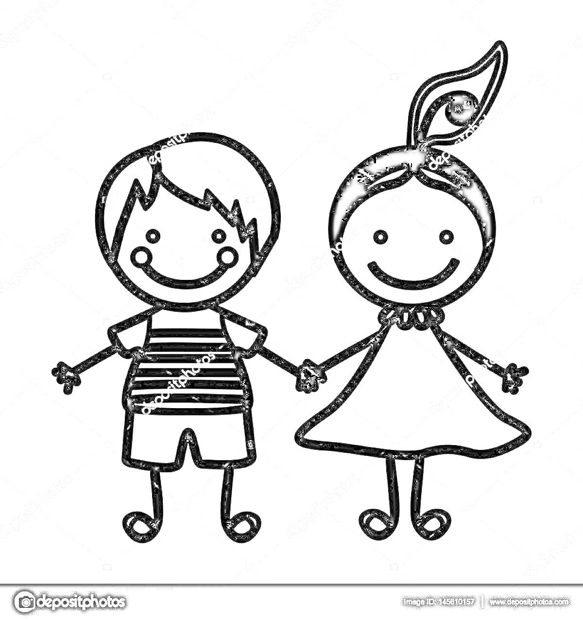 На раскраске изображено: Мальчик, Девочка, Держатся за руки, Полосатая футболка, Шорты, Платье