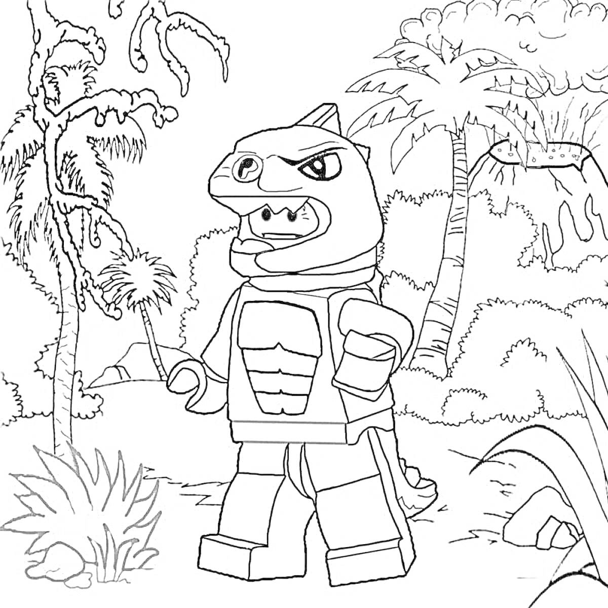 Раскраска Лего-динозавр в джунглях с пальмами и растительностью