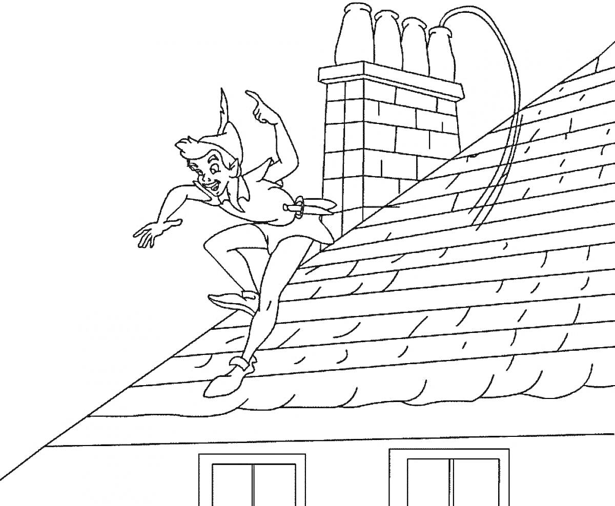 Раскраска Человек, стоящий на крыше, дымовая труба с четырьмя трубами, крыша с черепицей, два окна в нижней части изображения