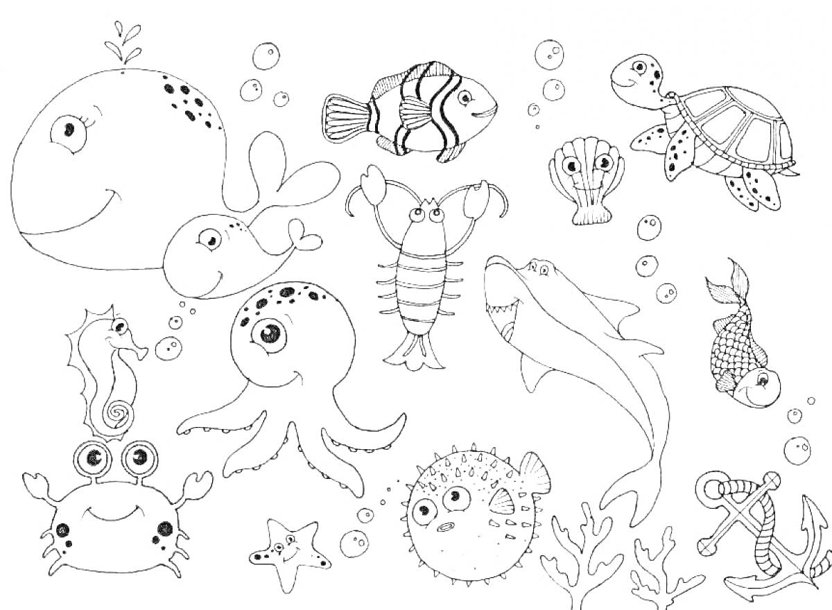 На раскраске изображено: Рыба, Краб, Морской конек, Черепаха, Медуза, Кораллы, Ракушка, Подводный мир, Акулы, Киты, Осьминоги, Якоря, Морские звезды, Морские животные