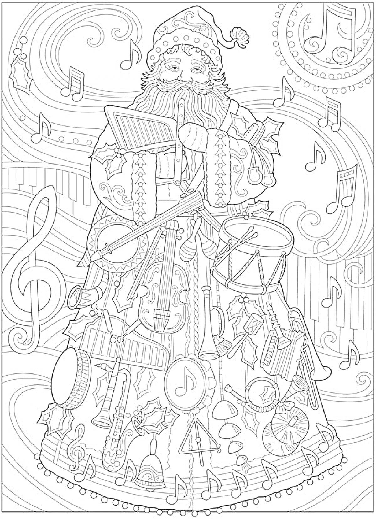 Раскраска Дед Мороз с барабаном, украшенный музыкальными инструментами на фоне нот и музыкальных символов.