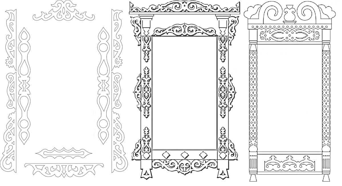 Раскраска Наличники с восточными и геометрическими узорами, в виде трех деревянных орнаментированных рам для окон