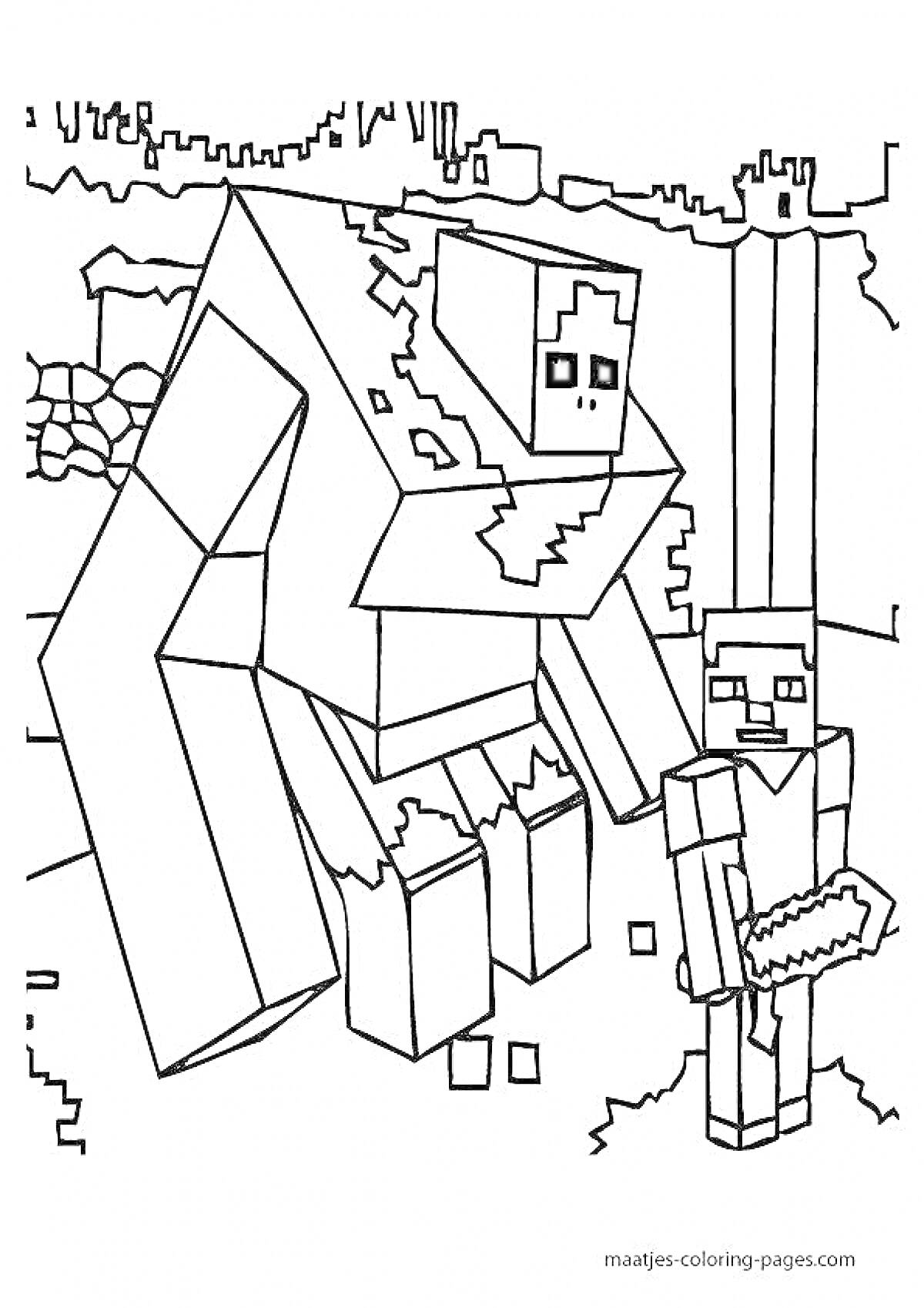 Раскраска Голем и персонаж с мечом из майнкрафт на фоне разрушенной местности