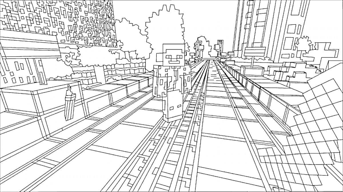 Раскраска Городской пейзаж в Minecraft с домами и железнодорожными путями