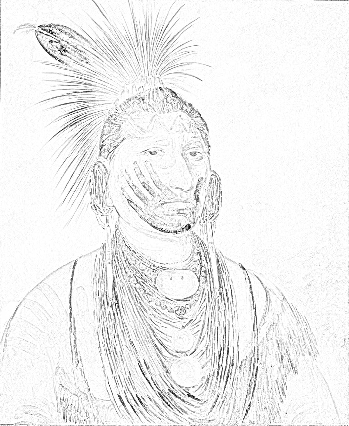 Раскраска Индейский воин с пером в волосах и ожерельем, традиционная раскраска на лице