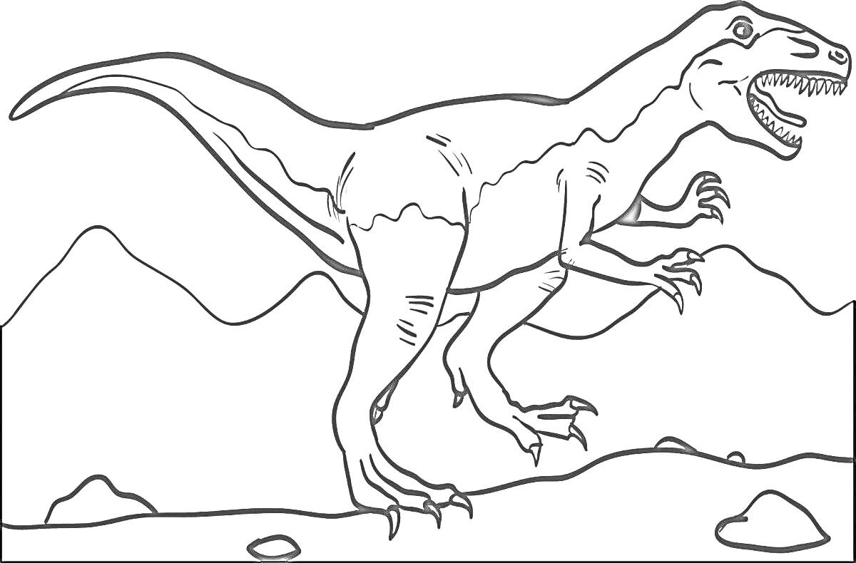 На раскраске изображено: Динозавр, Холмы, Камни, Природа, Доисторическая эпоха, Тираннозавр Рекс