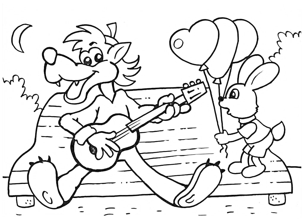 Волк играет на гитаре на скамейке, а Заяц держит три воздушных шарика