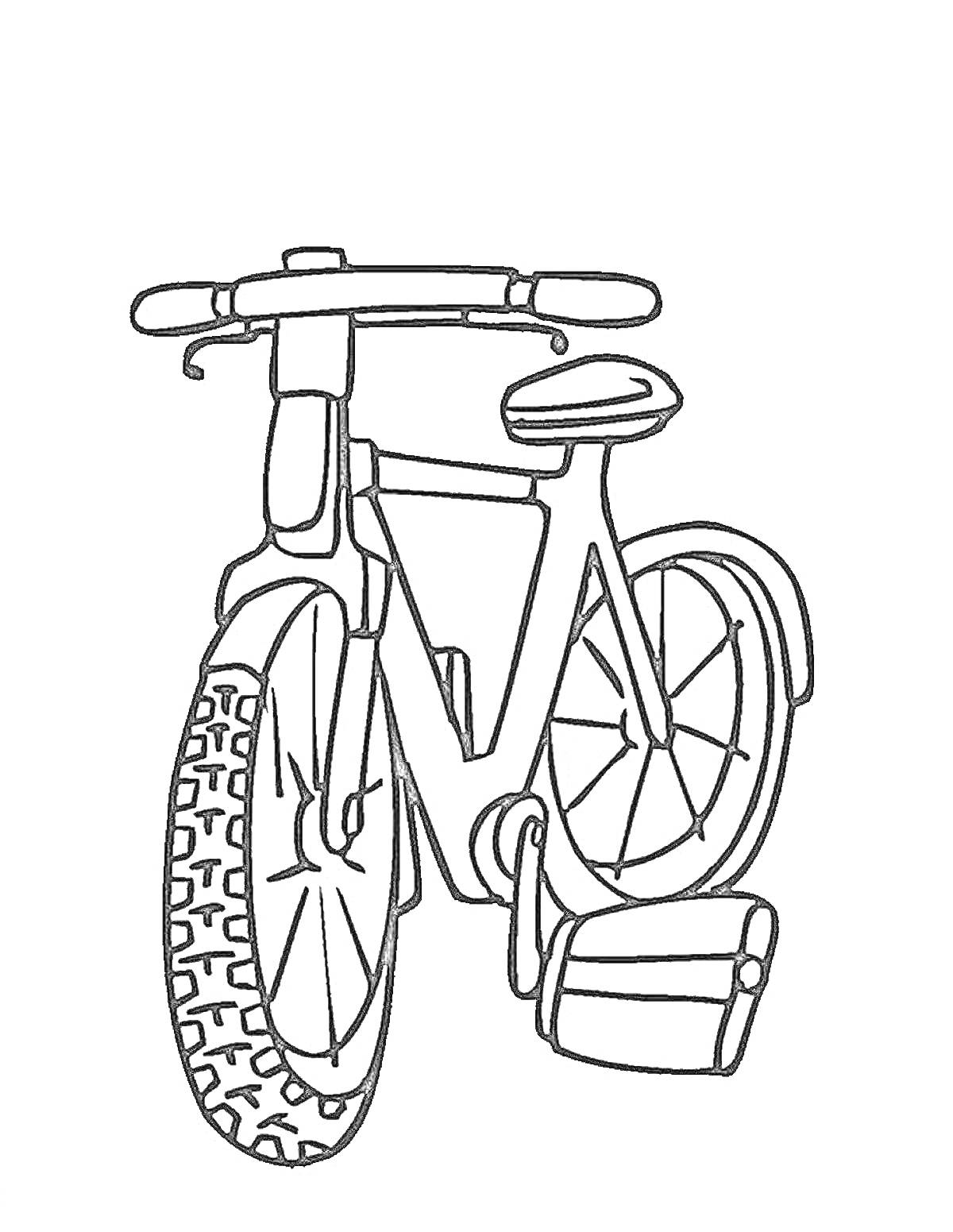 Раскраска Велосипед с рулем, сиденьем, колесами с покрышками, педалями и рамой