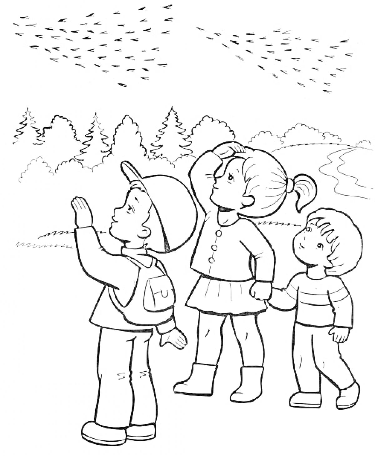 Раскраска Дети смотрят на стаю птиц на фоне осеннего леса и реки
