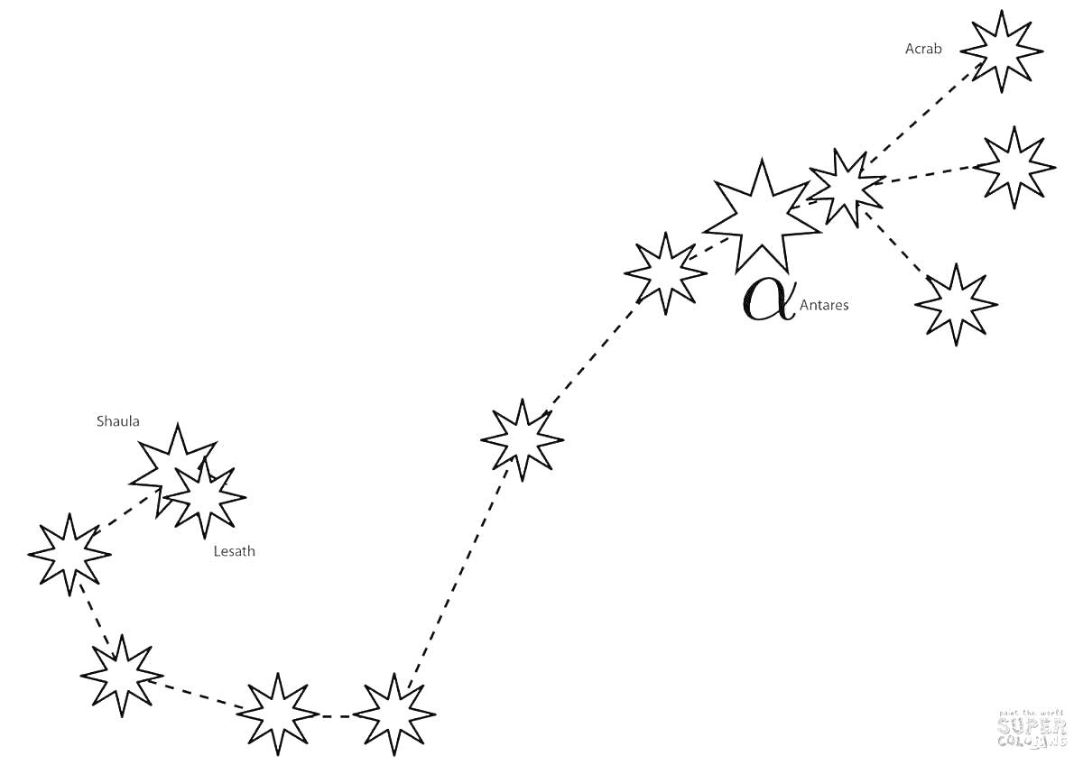Раскраска Созвездие Большая Медведица с обозначенными звездами и пунктирными линиями, соединяющими звезды
