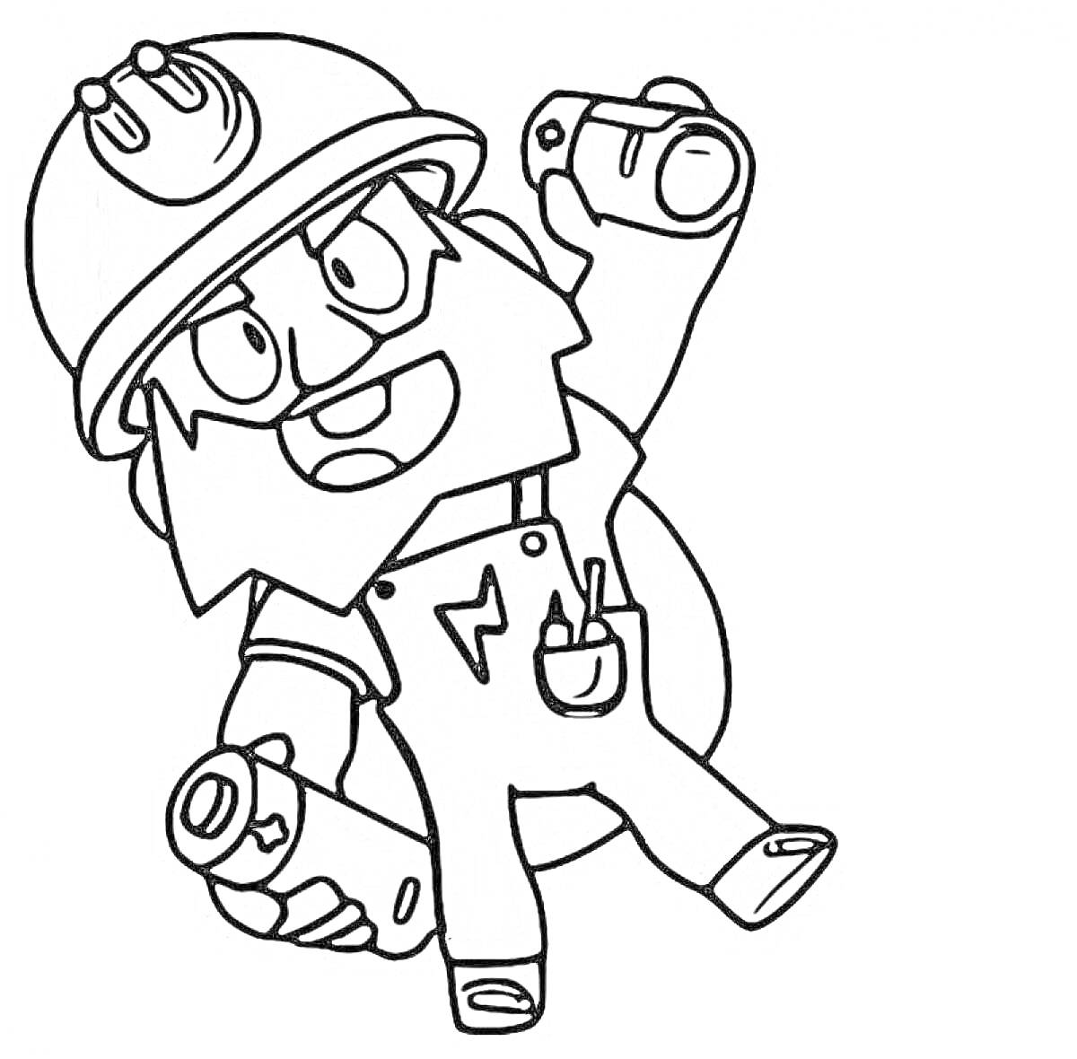 Раскраска Диномайк с двумя динамитами в руках, носит каску и комбинезон, улыбается