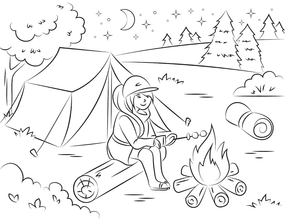 На раскраске изображено: Поход, Костер, Палатка, Звёздное небо, Лес, Ребёнок, Звезды, Ночь