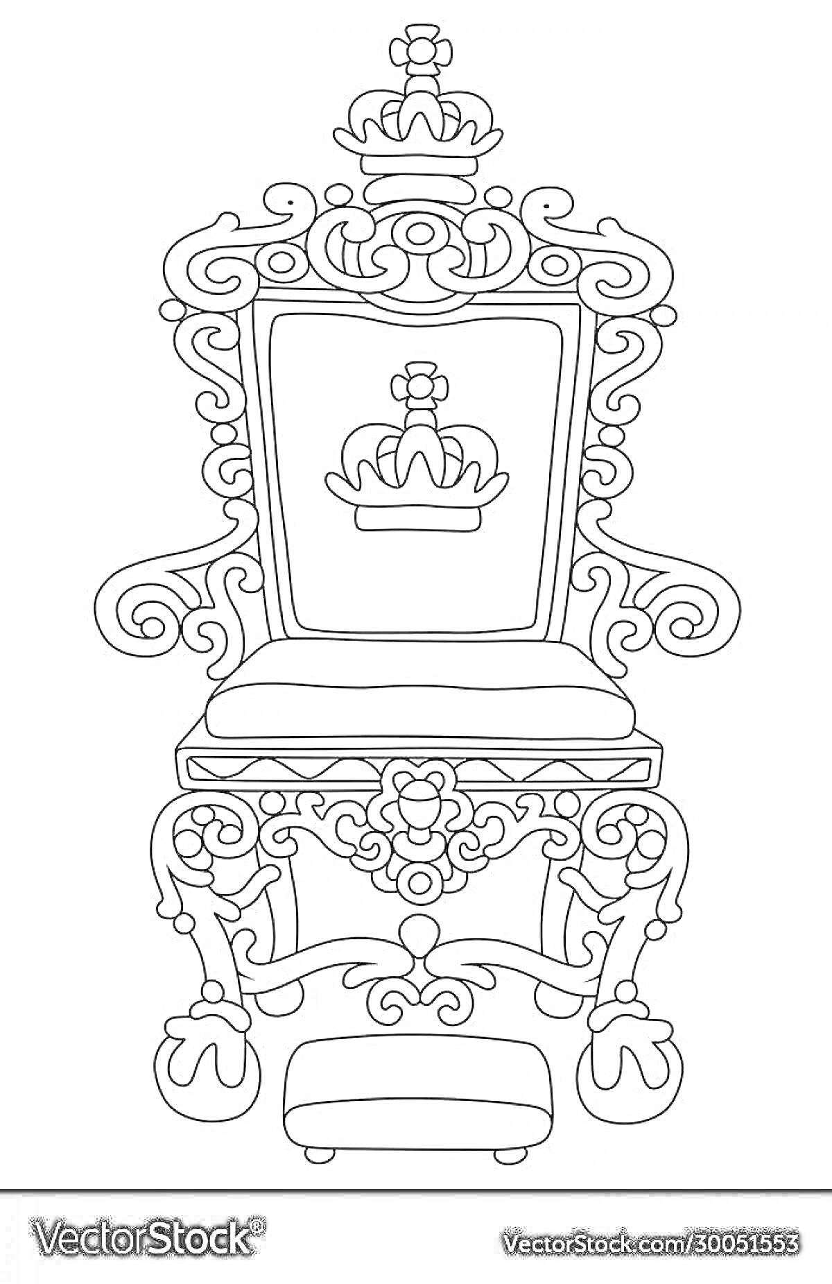 На раскраске изображено: Трон, Корона, Орнамент, Кресло, Мебель, Роскошь