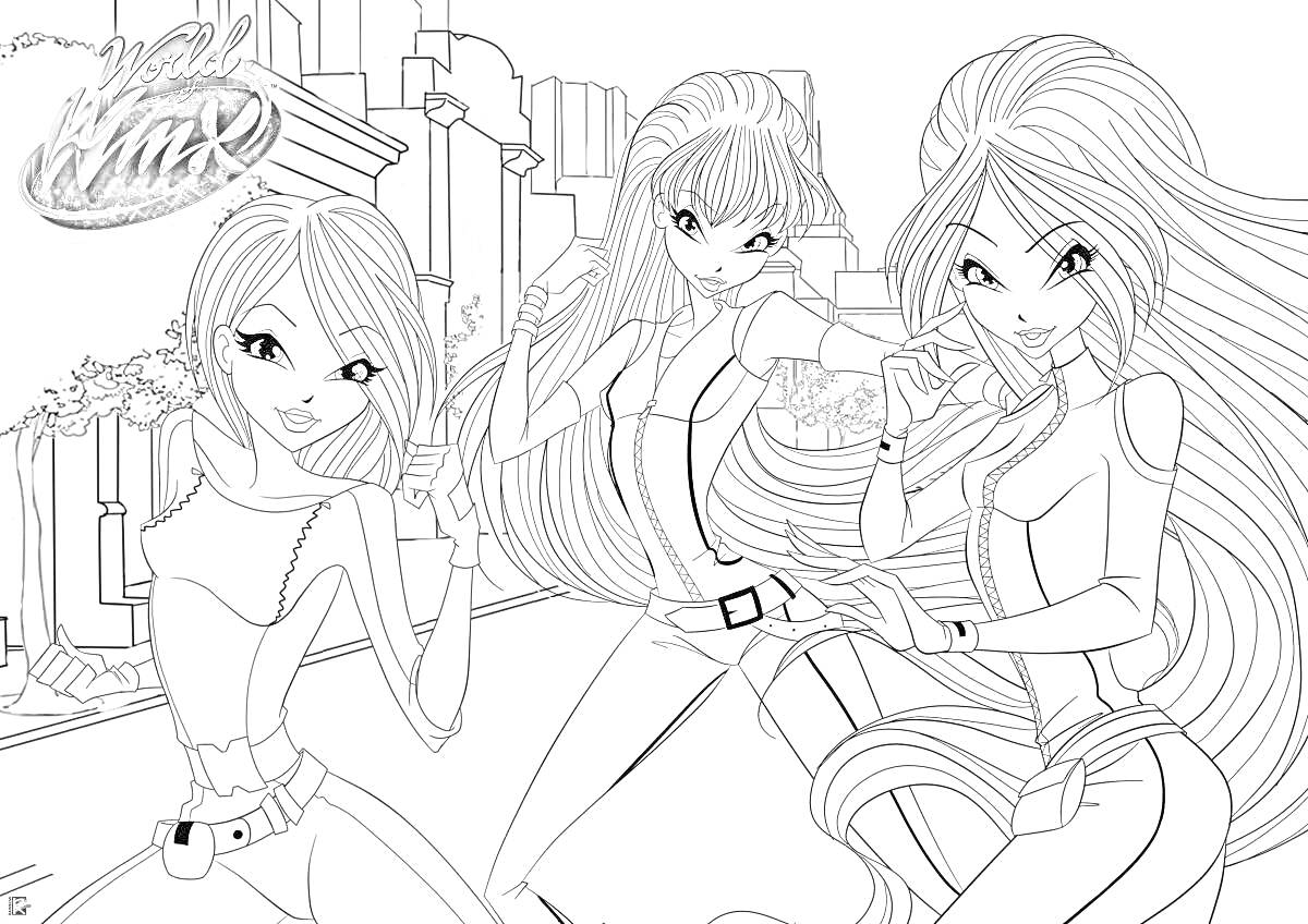 На раскраске изображено: Три девушки, Магия, Длинные волосы, Анимация, Ремень, Города