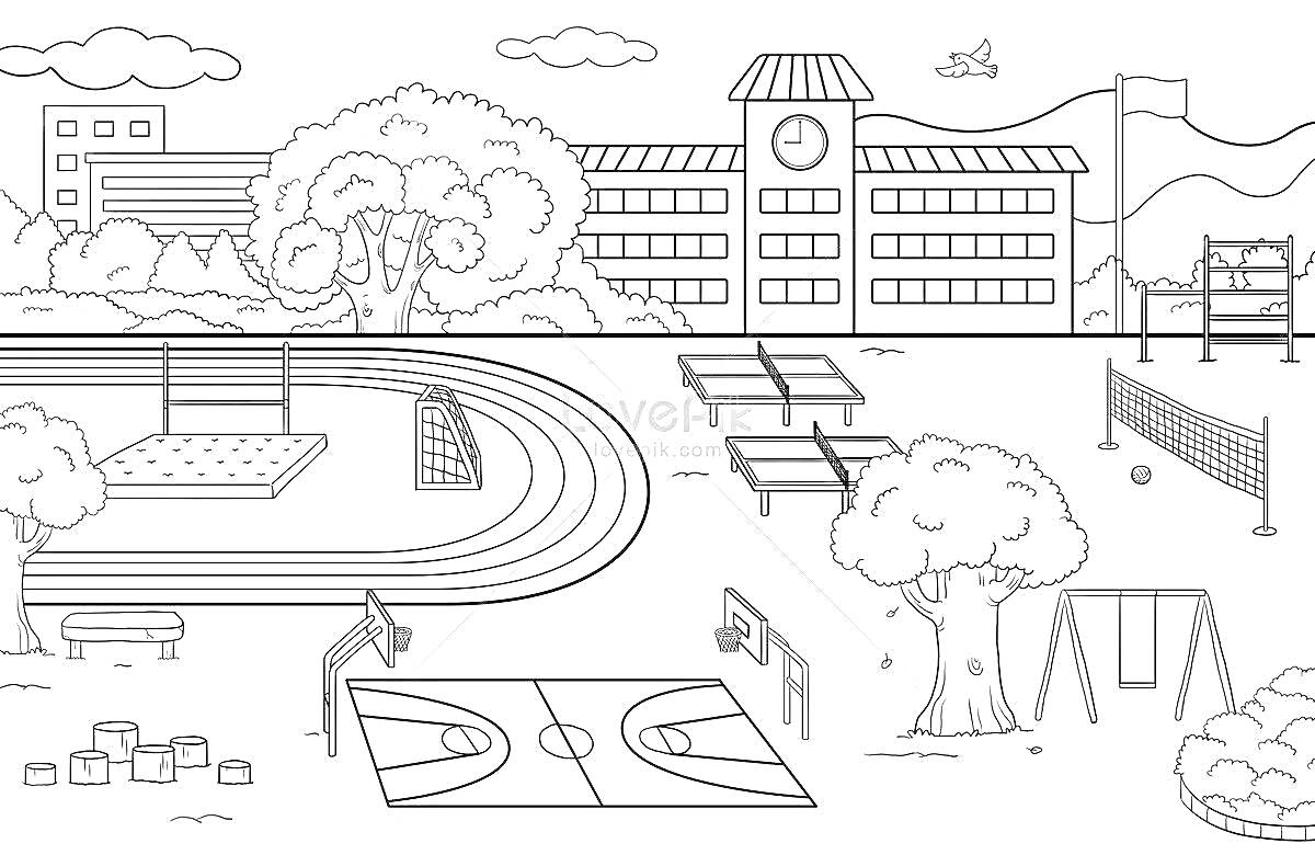 На раскраске изображено: Школа, Будущее, Спортивная площадка, Качели, Песочница, Деревья, Учебное заведение