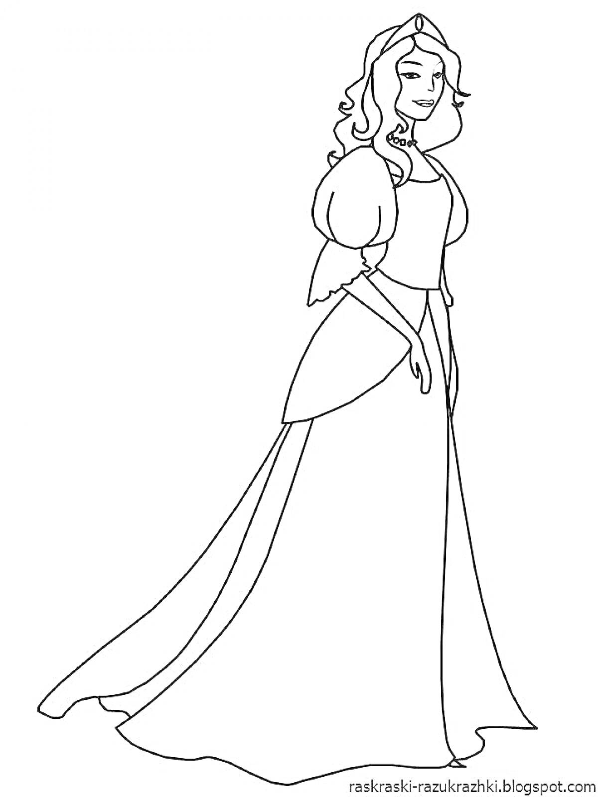 На раскраске изображено: Королева, Платье, Корона, Женщина