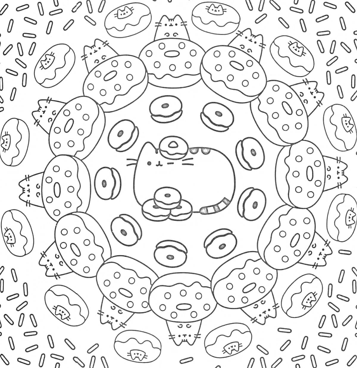 Раскраска Кот в центре и коты в пончиках, окруженные пончиками и посыпкой
