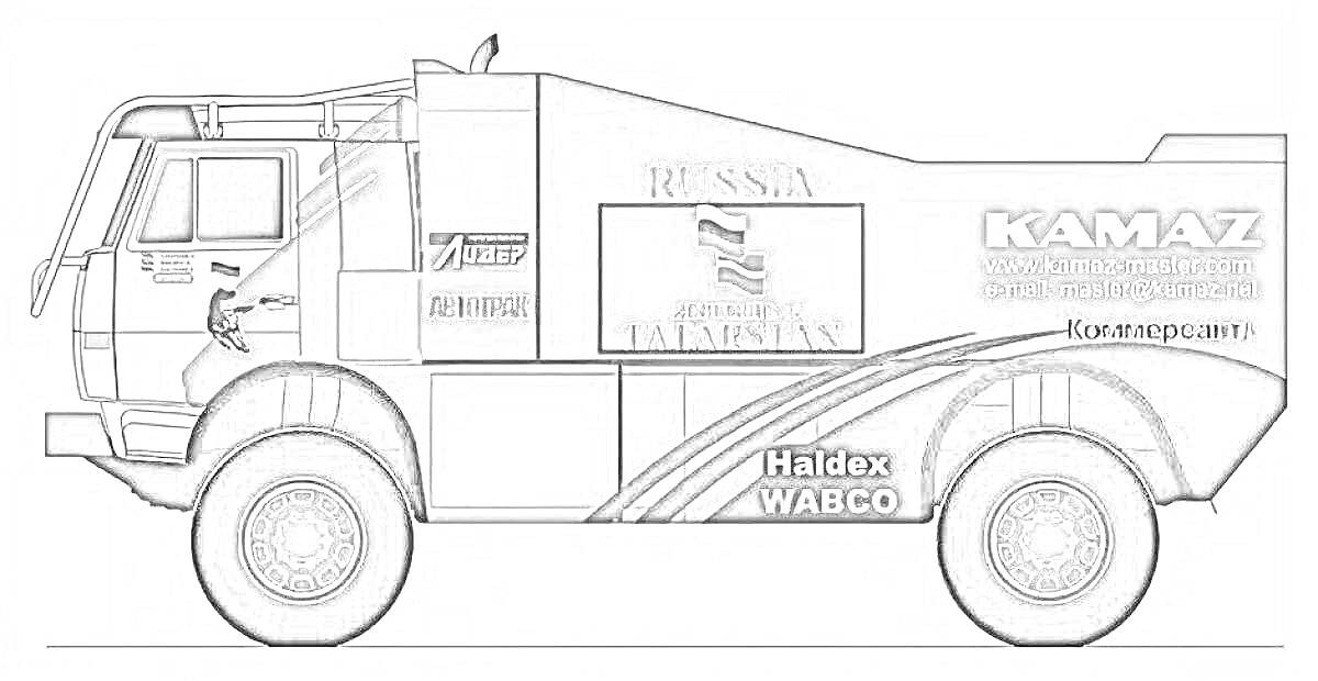 На раскраске изображено: Камаз, Мастер, Гоночный грузовик, Спонсоры, Автоспорт