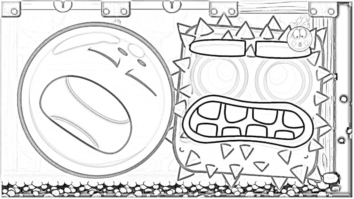 Раскраска Красный шарик и серый шипастый куб с желтыми глазами на фоне синих стен
