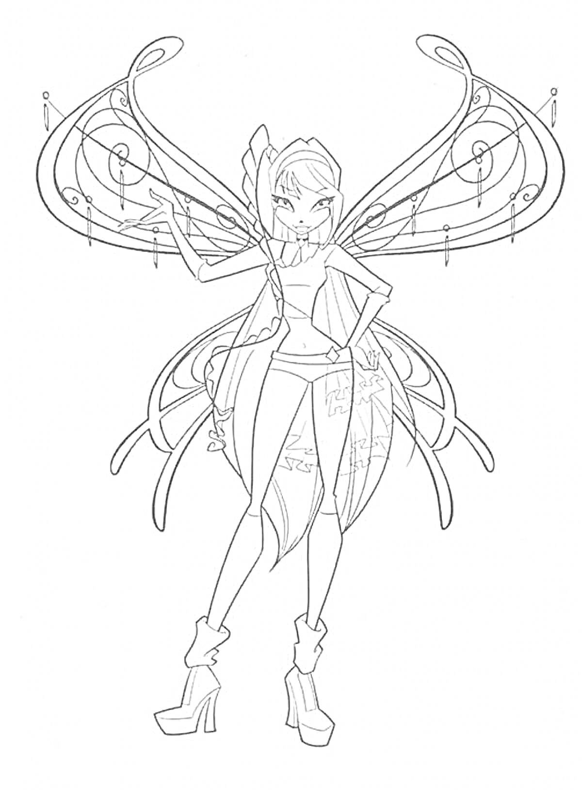 Раскраска Волшебница Винкс Беливикс с расправленными крыльями, стоящая в позе, с поднятым указательным пальцем