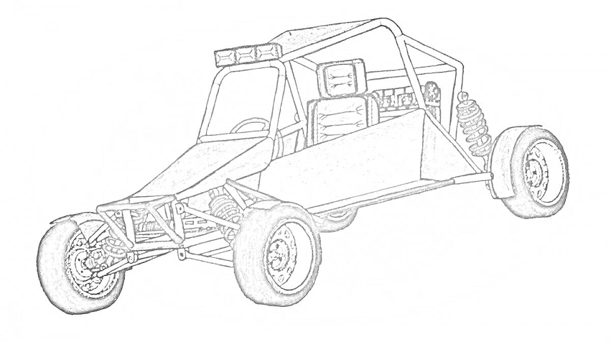 Раскраска Багги с каркасом, передними и задними колесами, окнами, сиденьями, подвеской и рамой