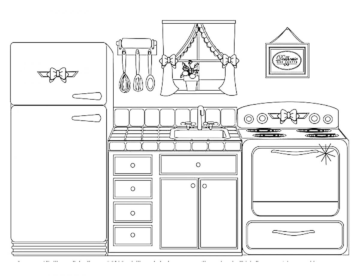 Кухня с холодильником, плитой, столешницей, раковиной, кухонными ящиками и шкафами, телефонами, кухонными приборами, окном с занавеской и цветком, рамкой с картиной