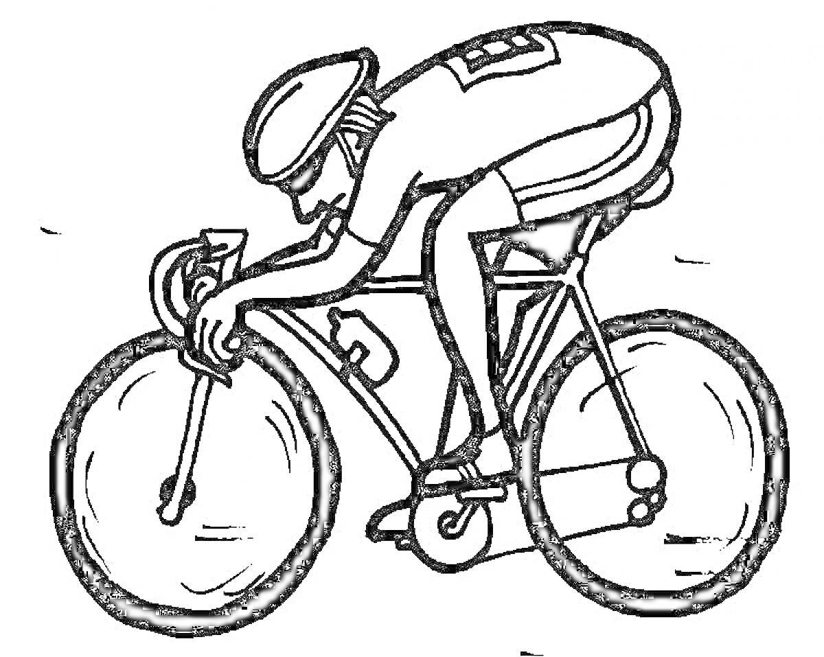 На раскраске изображено: Велосипедист, Велосипед, Гонки, Спорт, Колёса, Цепь, Педали, Спортивная форма