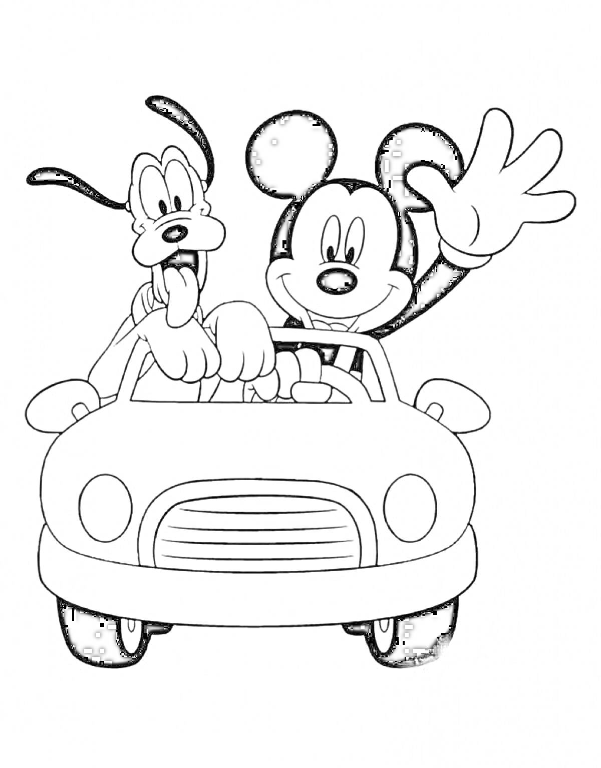 Раскраска Микки Маус и Плуто в машине, Микки Маус машет рукой