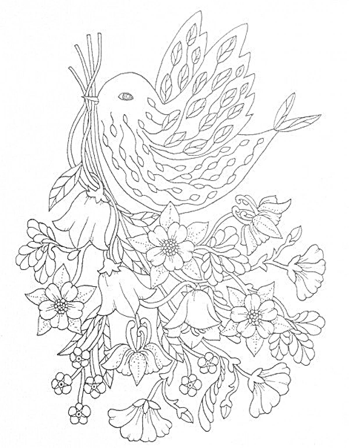 На раскраске изображено: Птица, Цветы, Листья, Флора, Природа, Творчество