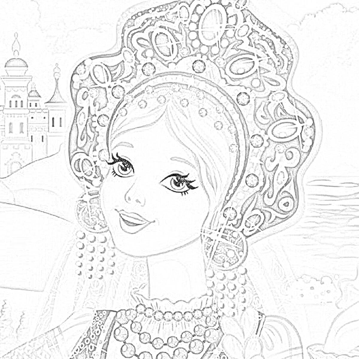 Раскраска Девушка в традиционном русском костюме с кокошником на фоне замка и природы