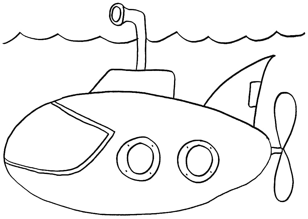 На раскраске изображено: Подводная лодка, Иллюминаторы, Перископ, Вода, Подводный мир, Пропеллеры
