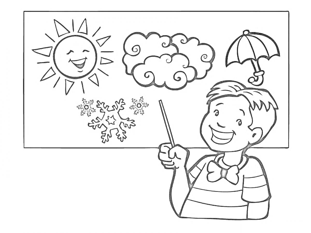 На раскраске изображено: Мальчик, Доска, Погода, Солнце, Указка, Улыбка