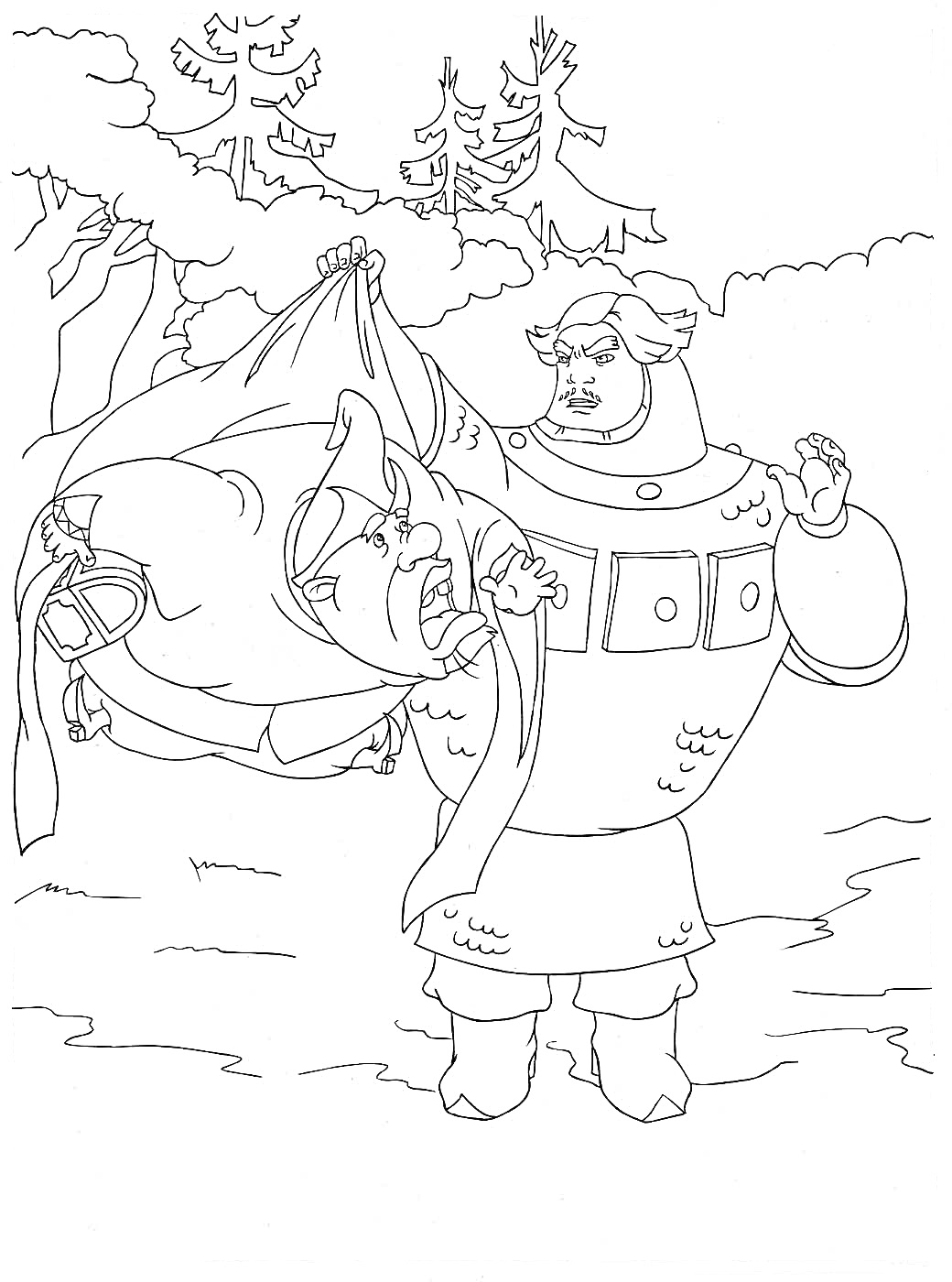 Раскраска Богатырь держит на руках поверженного разбойника в лесу