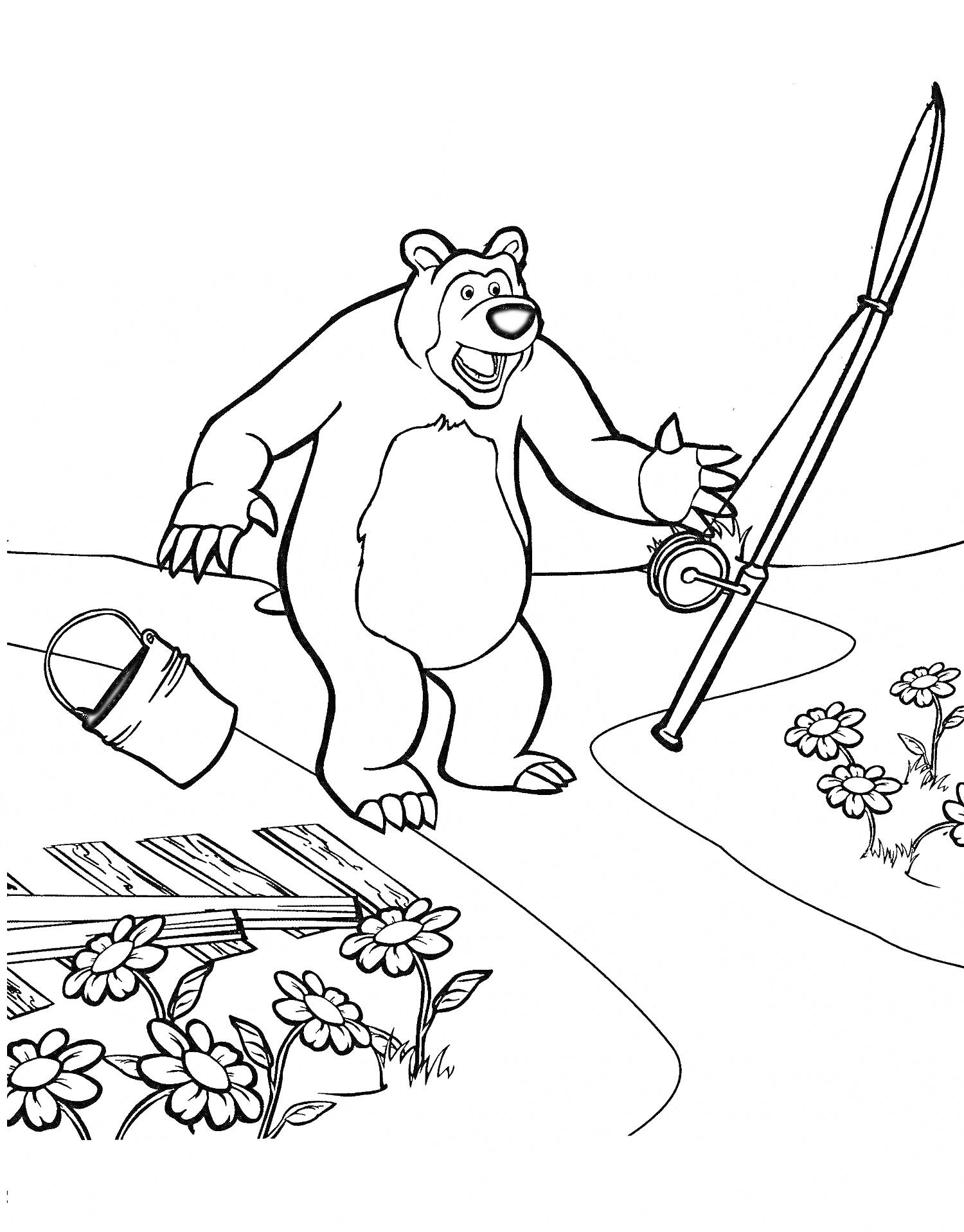 На раскраске изображено: Медведь, Удочка, Рыбалка, Забор, Цветы, Природа, Ведёрко