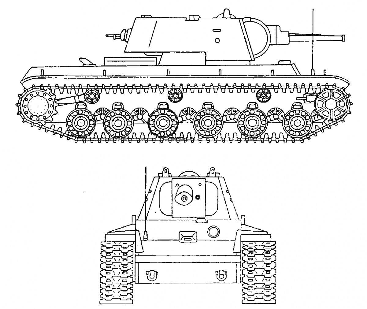Раскраска Чертеж танка КВ-44 с боковой и передней проекциями, видны гусеницы, элементы подвески, орудие и башня
