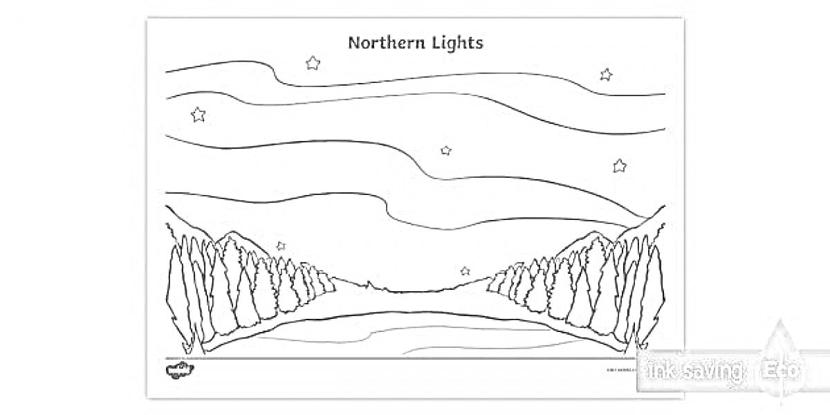 На раскраске изображено: Северное сияние, Лес, Холмы, Звезды, Природа, Ночь, Небо