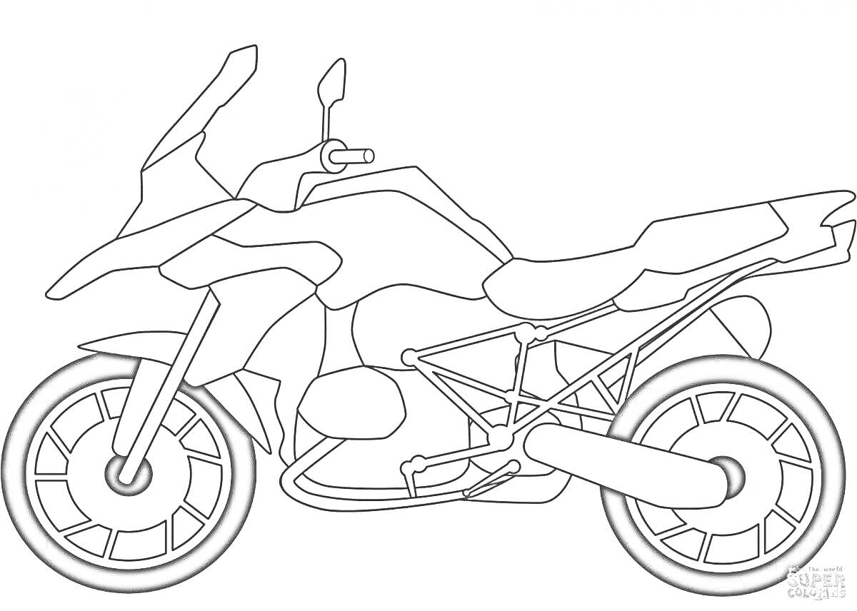 На раскраске изображено: Мотоцикл, Транспорт, Колёса, Рама, Руль