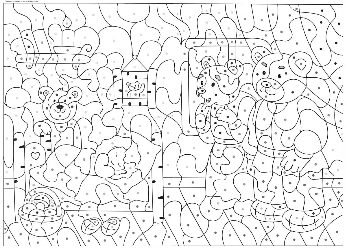 Раскраска Три медведя: Мишка, Мама Медведица, Папа Медведь и Златовласка в их доме, корзина с яблоками, кровать, стены дома с узорами.
