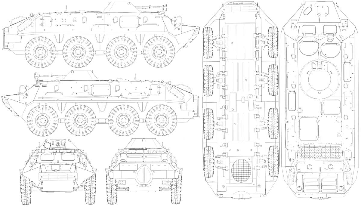 Раскраска чертеж БТР с видами спереди, сзади, сверху и сбоку