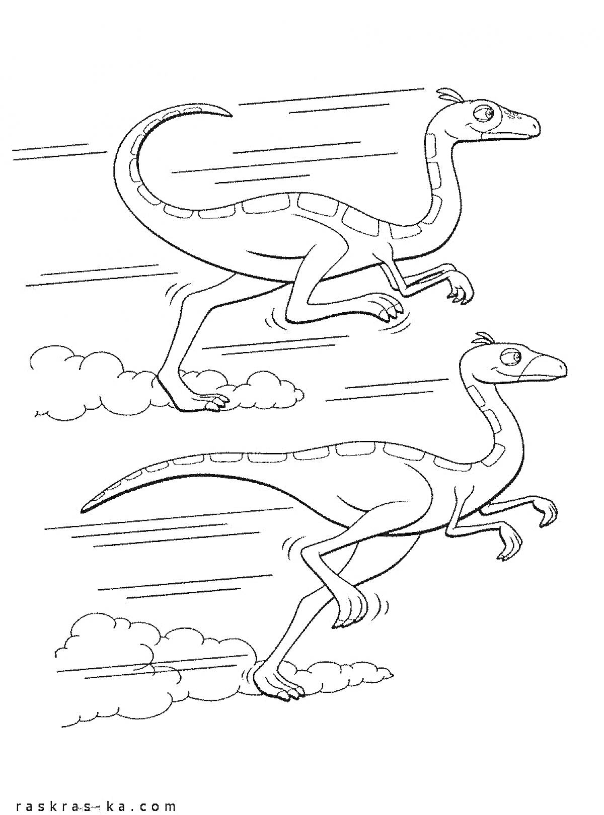 На раскраске изображено: Динозавр, Бег, Облака, Скорость, Древний мир