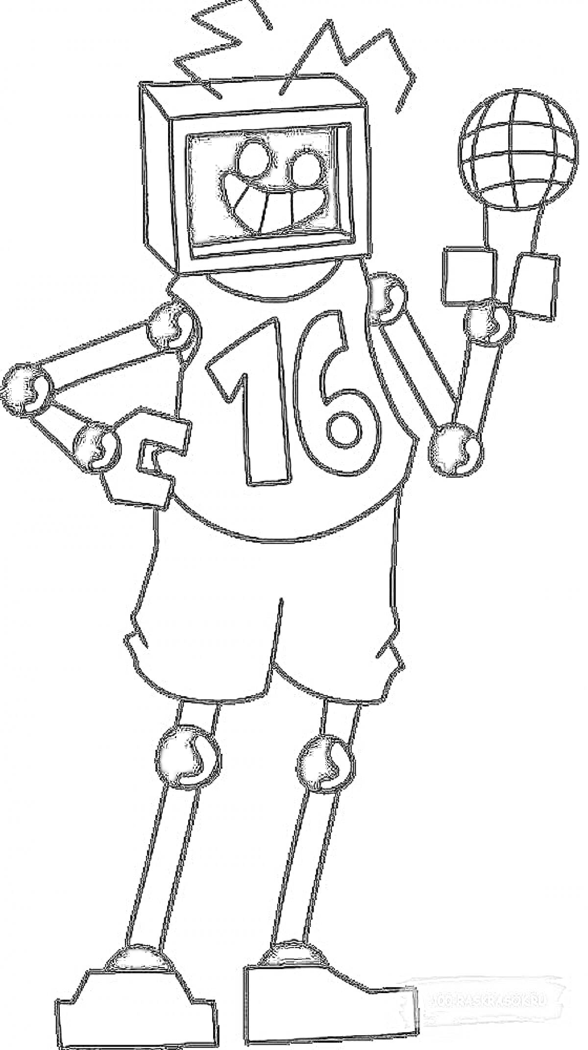 Раскраска Робот с телевизором вместо головы, номер 16 на майке, держащий микрофон, Friday Night Funkin