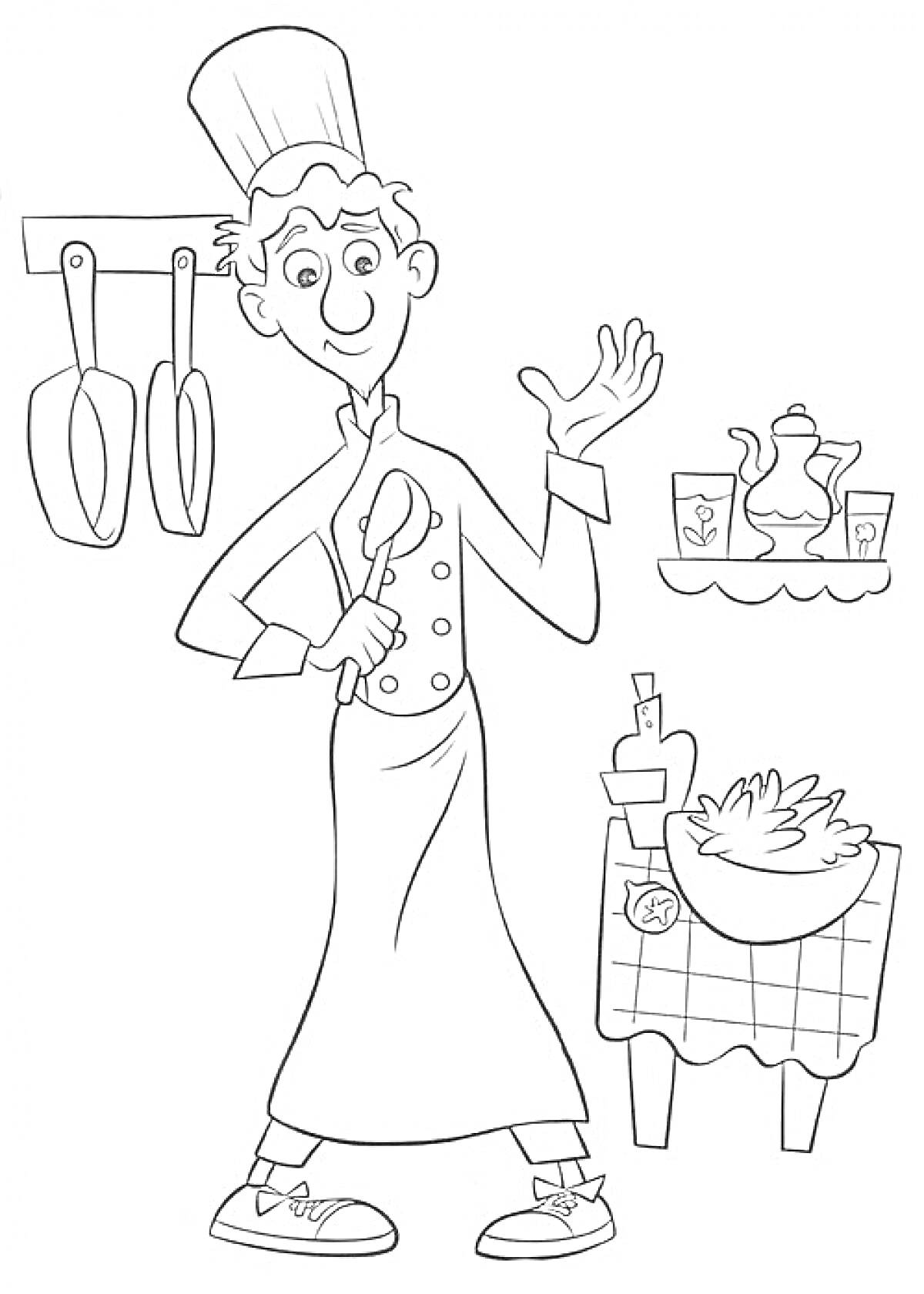 Раскраска Повар с поварешкой, стол с продуктами, висящие сковородки и полка с чайником и чашками