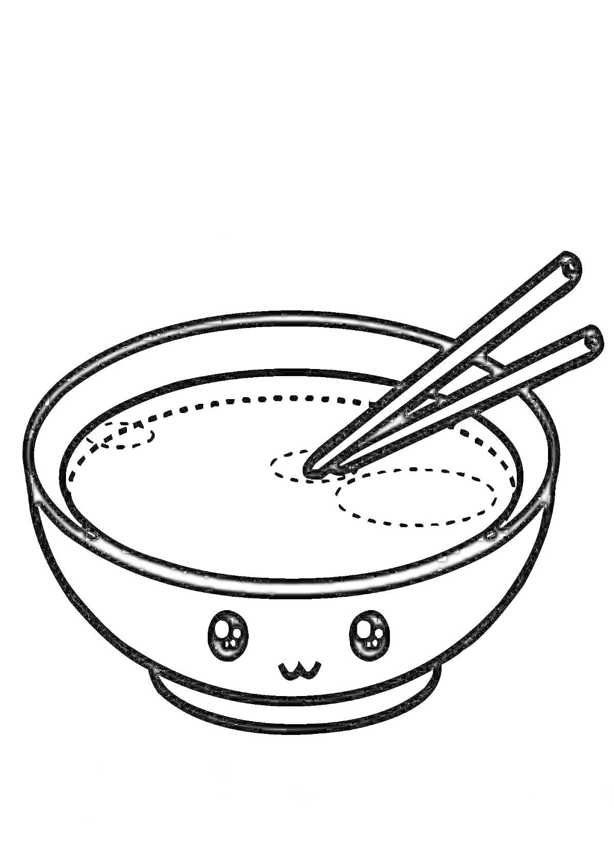 На раскраске изображено: Борщ, Миска, Палочки для еды, Суп, Еда, Kawaii
