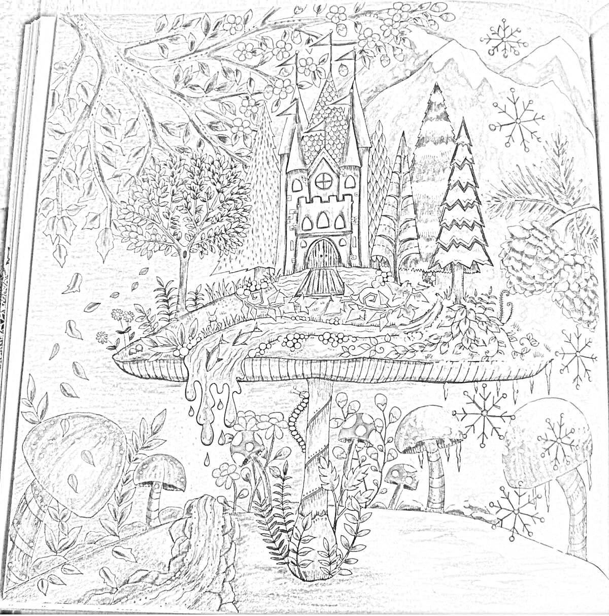 На раскраске изображено: Замок, Лес, Грибы, Деревья, Снежинки, Горы, Водопад, Фантазия