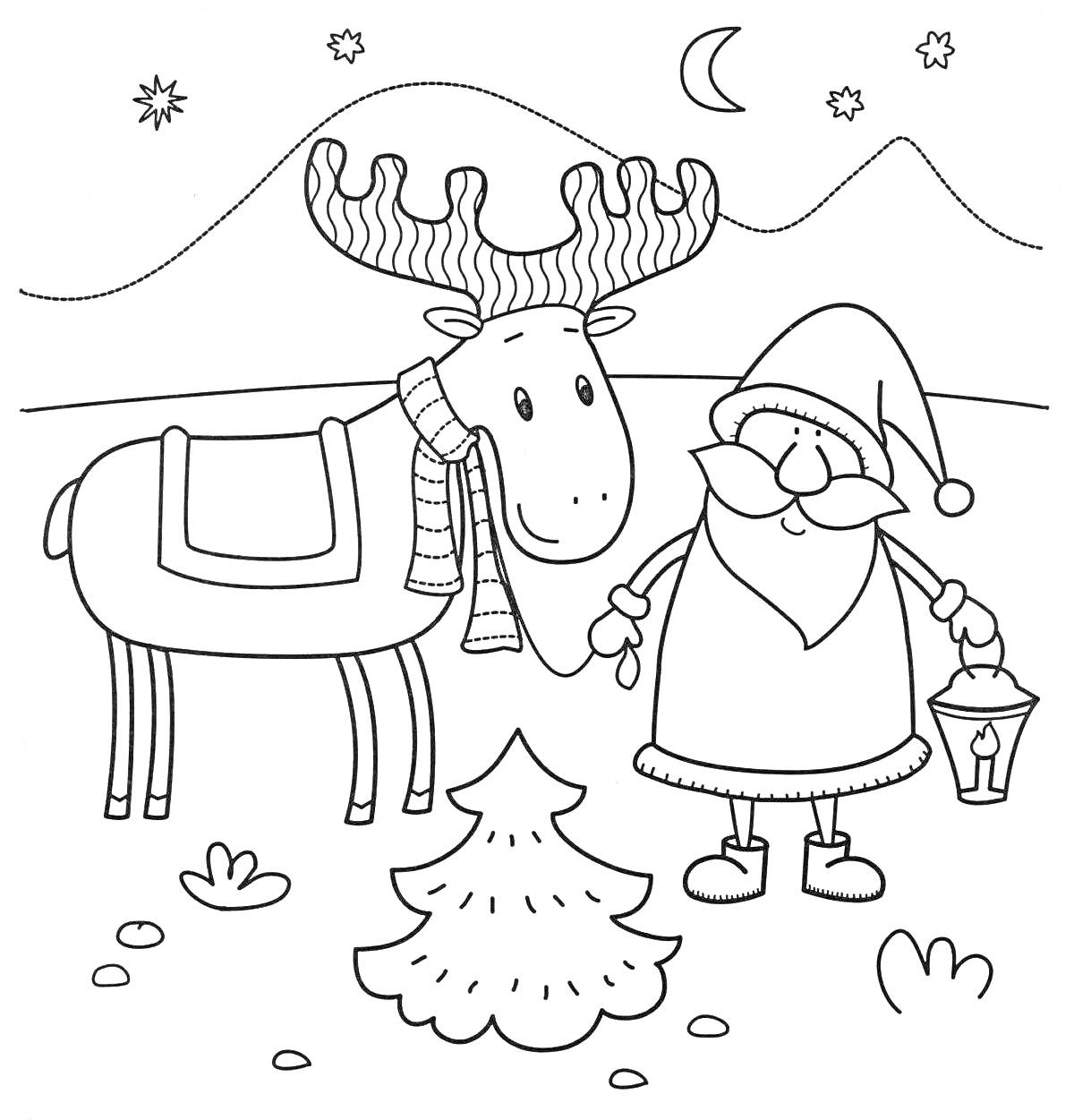 Раскраска Новогодний олень с шарфом, рождественский персонаж с фонарем, ёлка, звезды, луна и горы на фоне