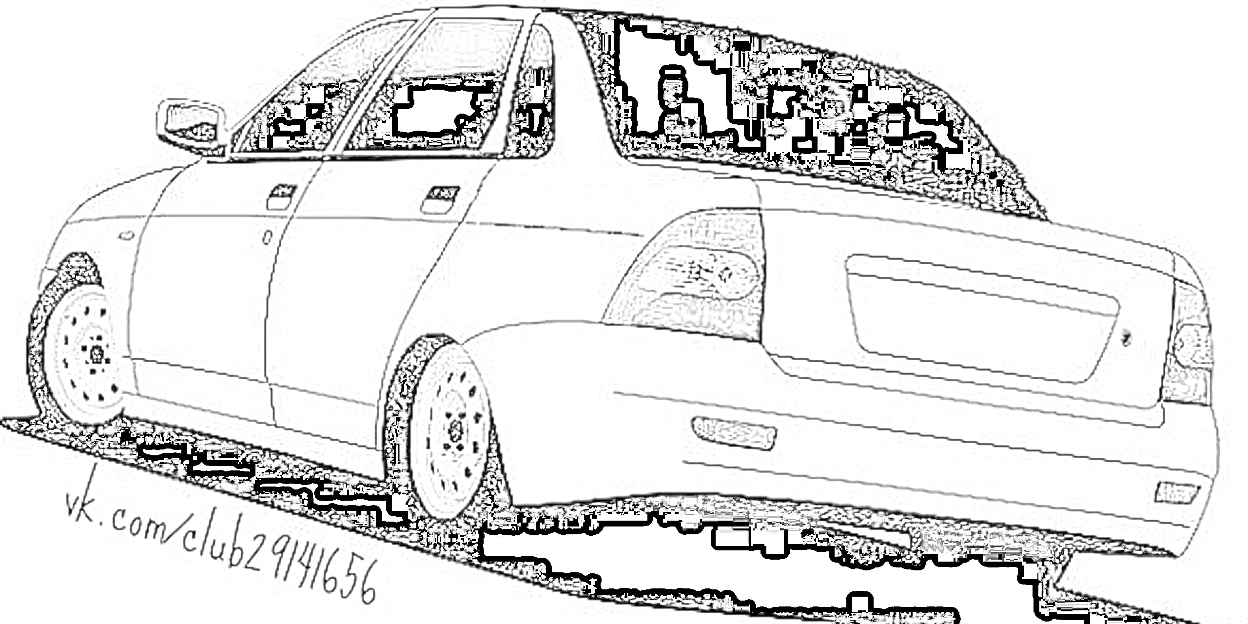 Раскраска Лада седан с номером на багажнике, колёсами с декоративными дисками, передними и задними дверями, окнами, фарами