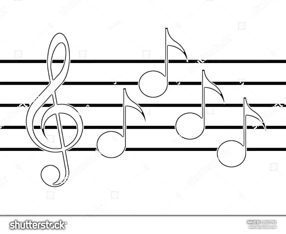 Раскраска Скрипичный ключ и ноты на нотном стане