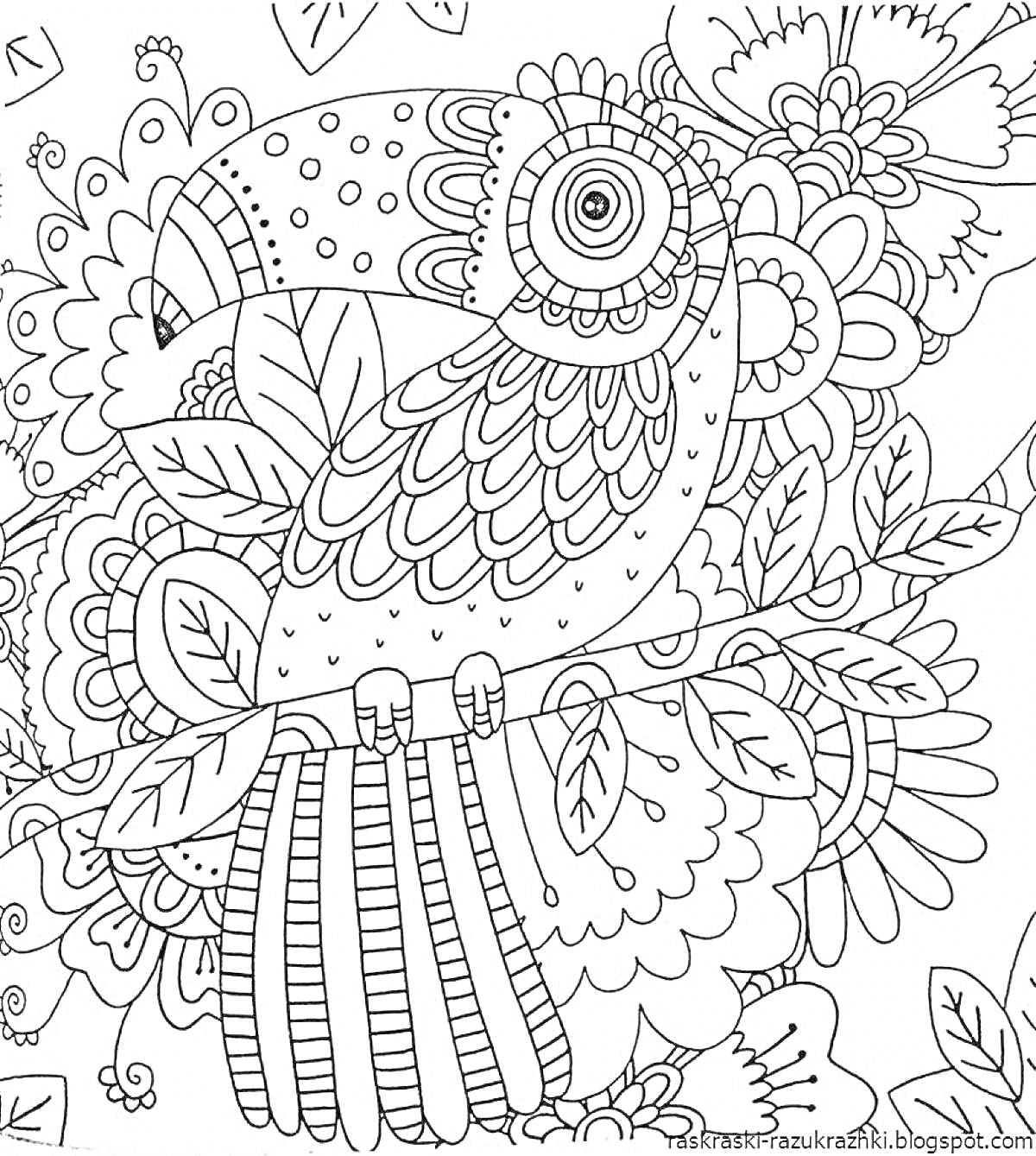 Раскраска Раскраска антистресс с туканом и цветами для детей 6-7 лет