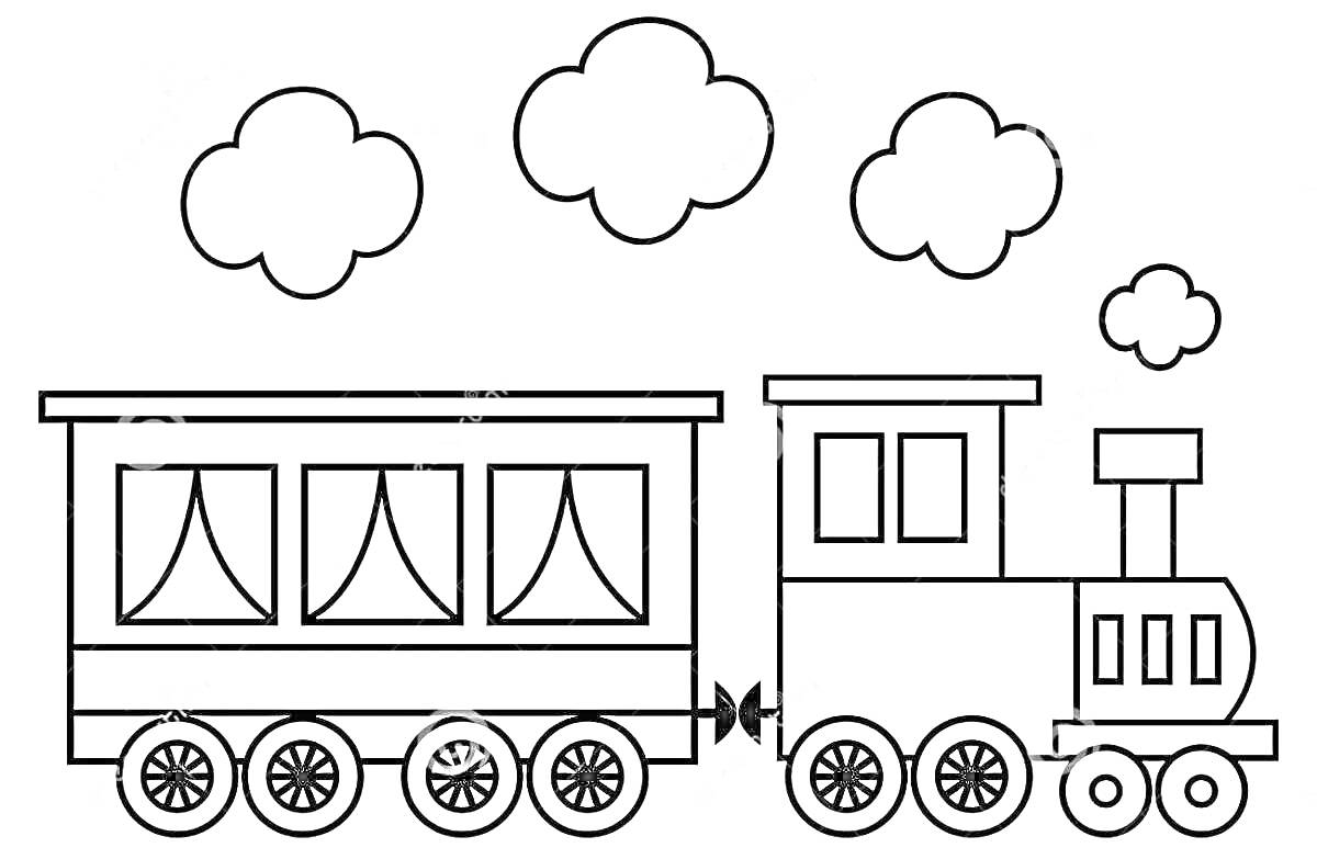 Раскраска Паровоз с вагоном и облака